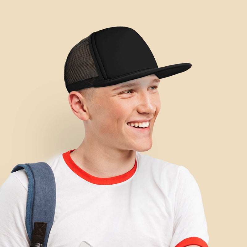 DALIX Flat Billed Trucker Cap with Mesh Back in Black - Image 5